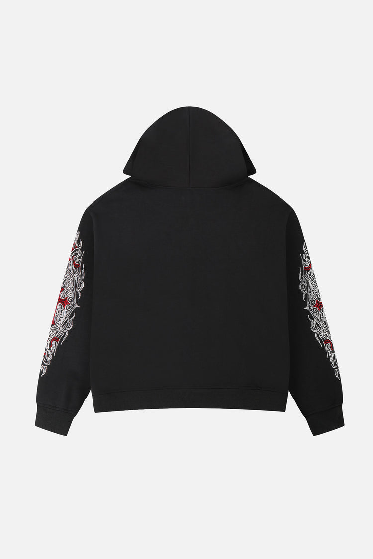 Back of the Red Cross Zip Up Hoodie laid flat, showing rhinestone cross designs on the sleeves