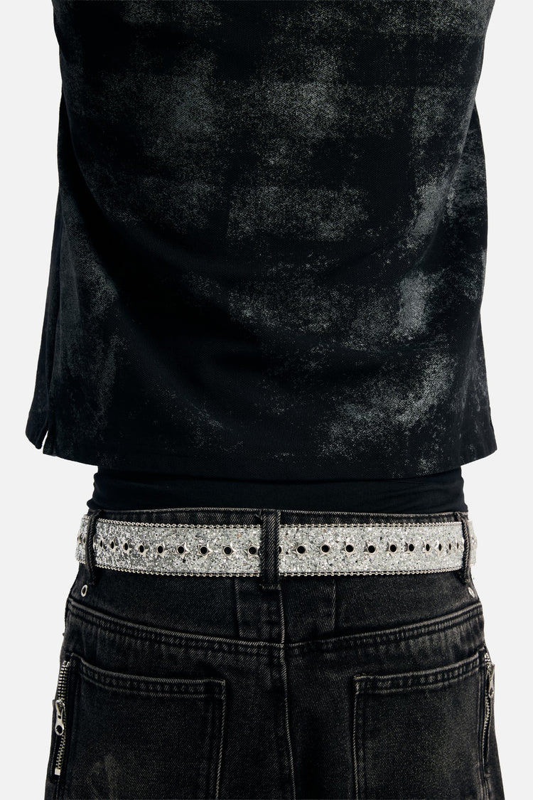 Back view of the Rhinestone Frontier Belt worn with black jeans and a faded black tee