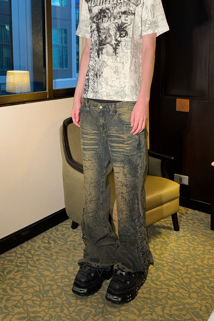 Poem Tee with Shattered Rogue Denim, worn indoors