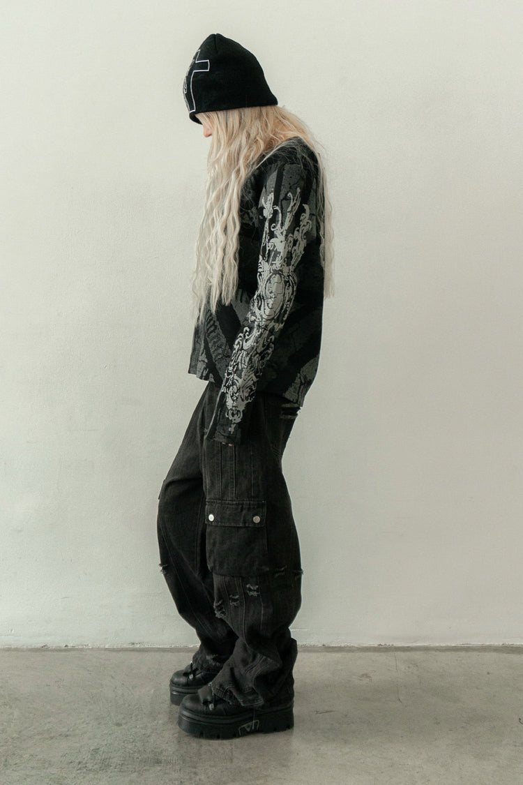 Union Jack Thermal L/S with Tribal Destroyer Denim and a black beanie, side view