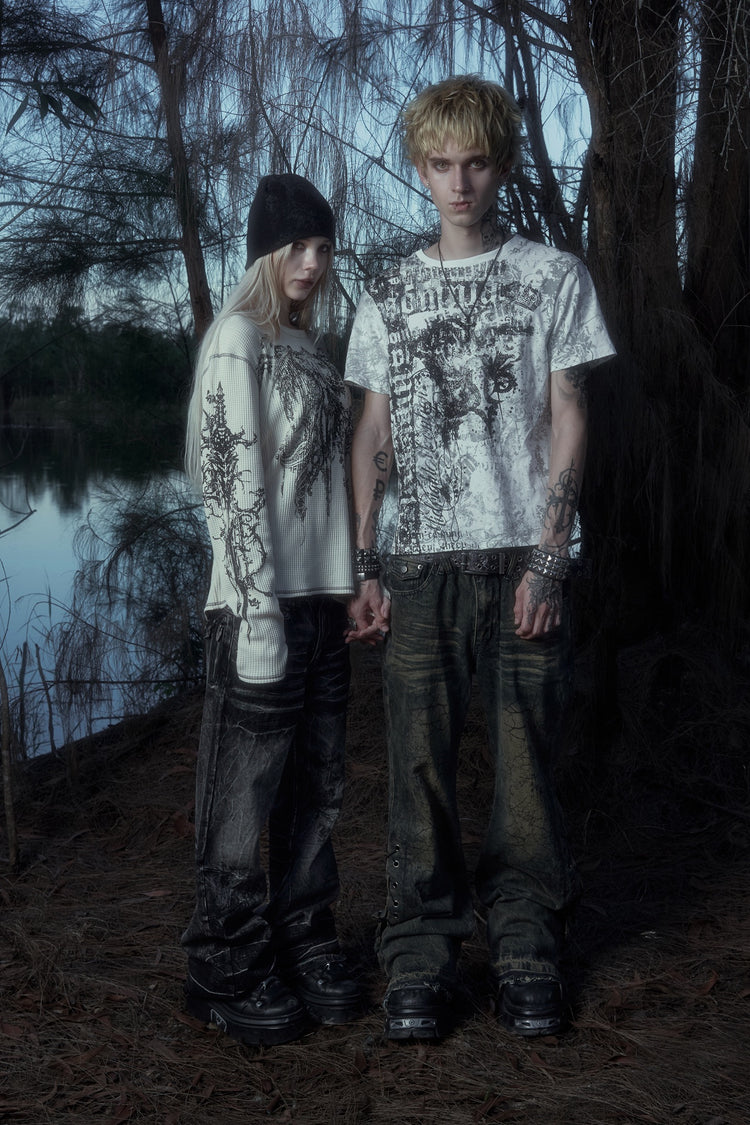 Two models in a forest wearing the Angel Thermal L/S and the Poem Tee with Shattered Rogue Denim