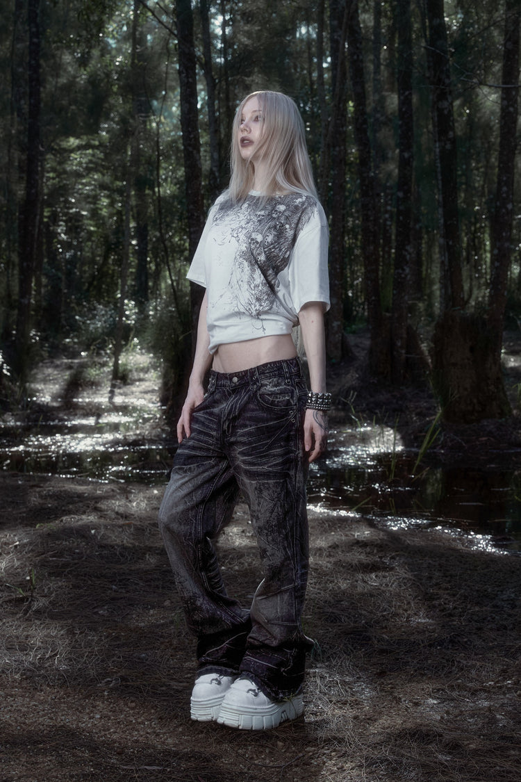 Scripture Tee with Scripture Rogue Denim V2 in a forest
