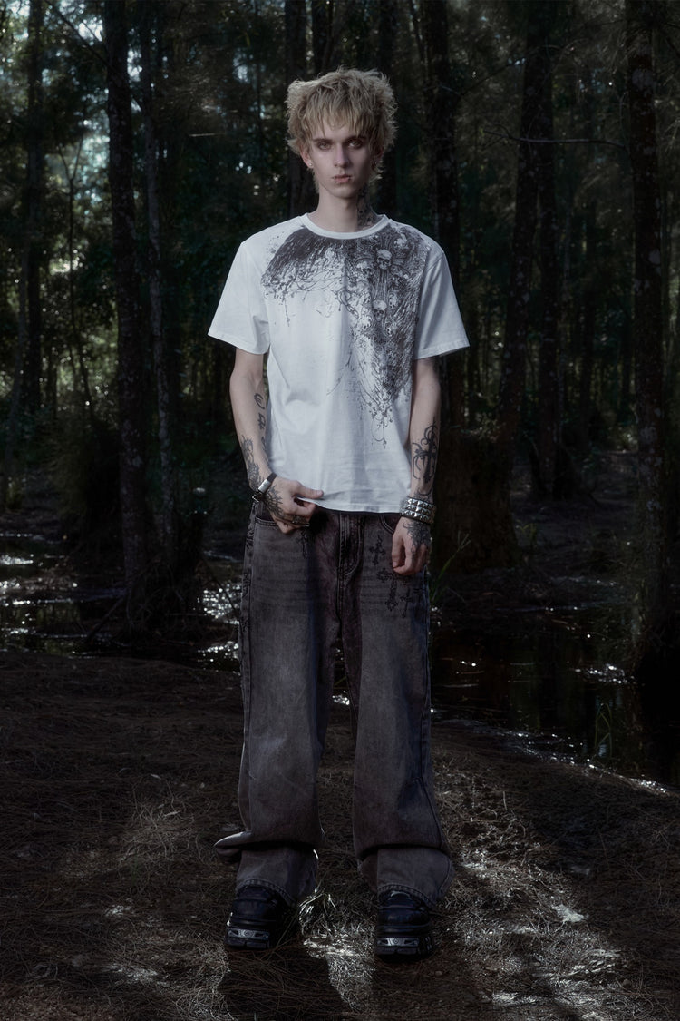 Scripture Tee with Cross Outlaw Denim in a forest