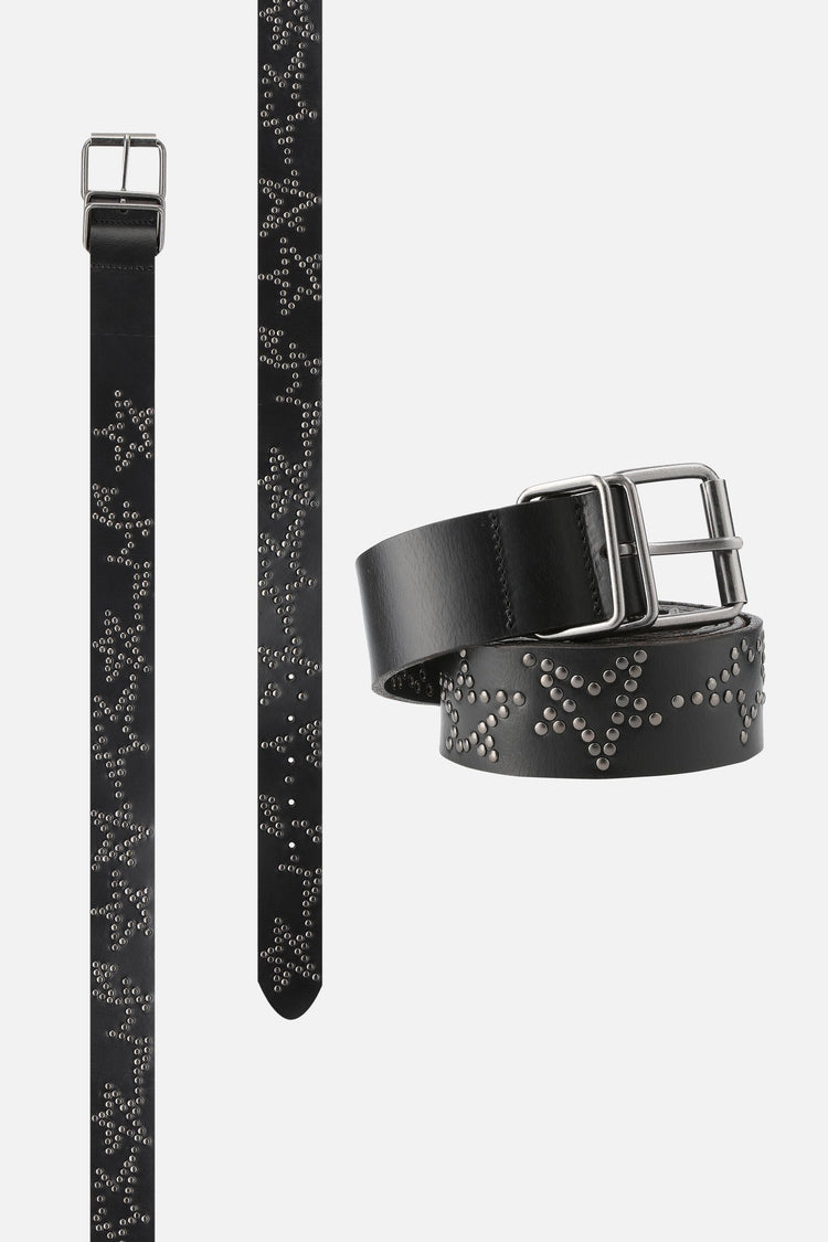 Stars Leather Belt laid out full length with a coiled view of the star studs