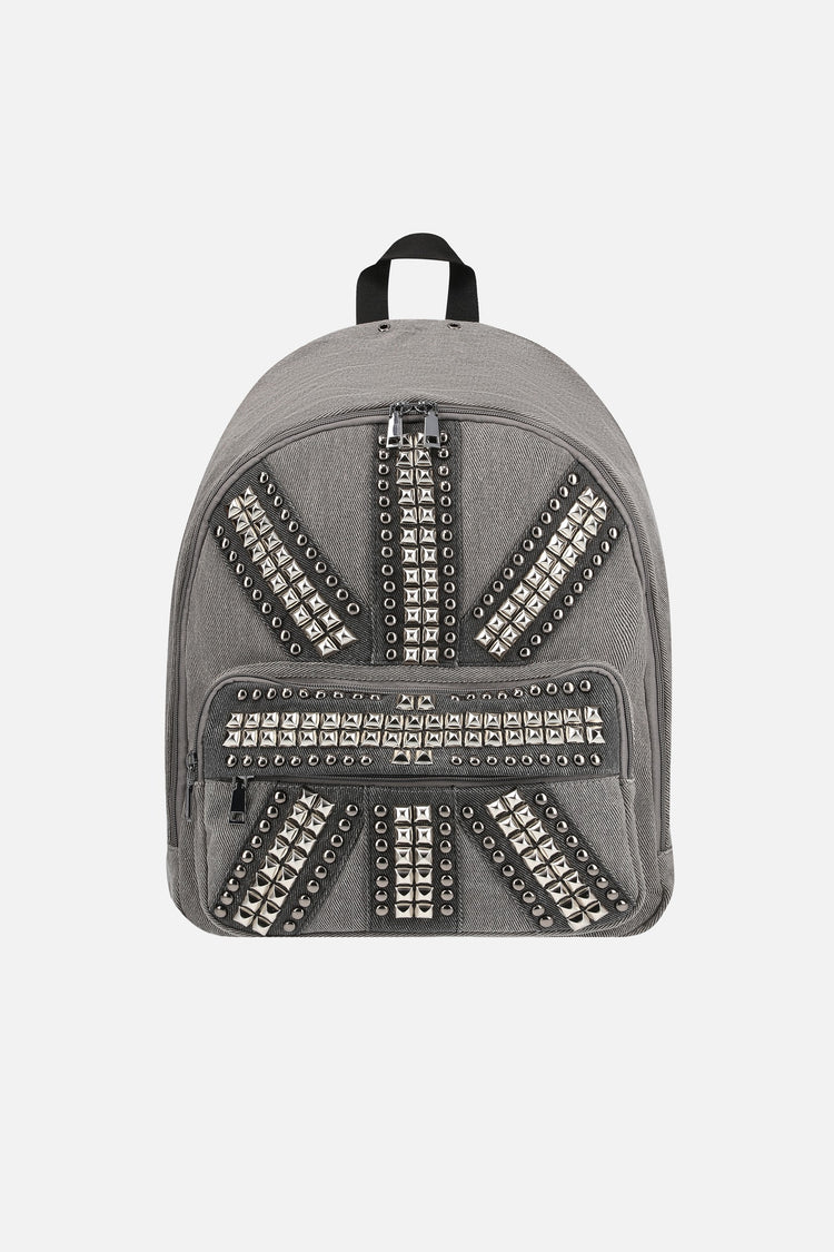 Front of the grey Studded Flag Backpack with silver pyramid studs forming a flag design