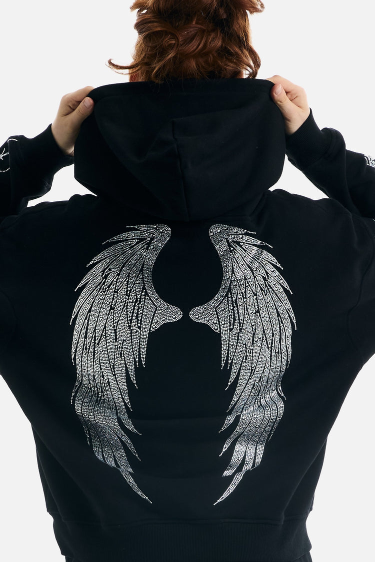 Back close-up of the Thorns Rhinestone Hoodie showing the rhinestone wings graphic
