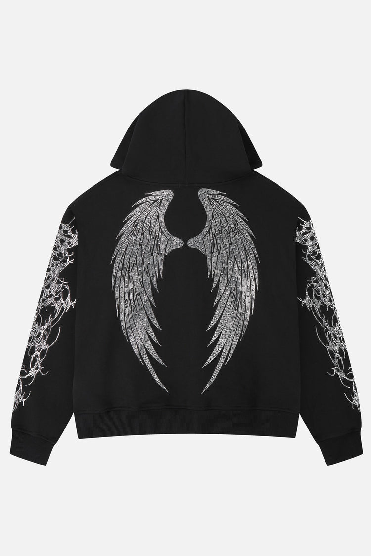 Back of the black Thorns Rhinestone Hoodie laid flat, with large rhinestone angel wings