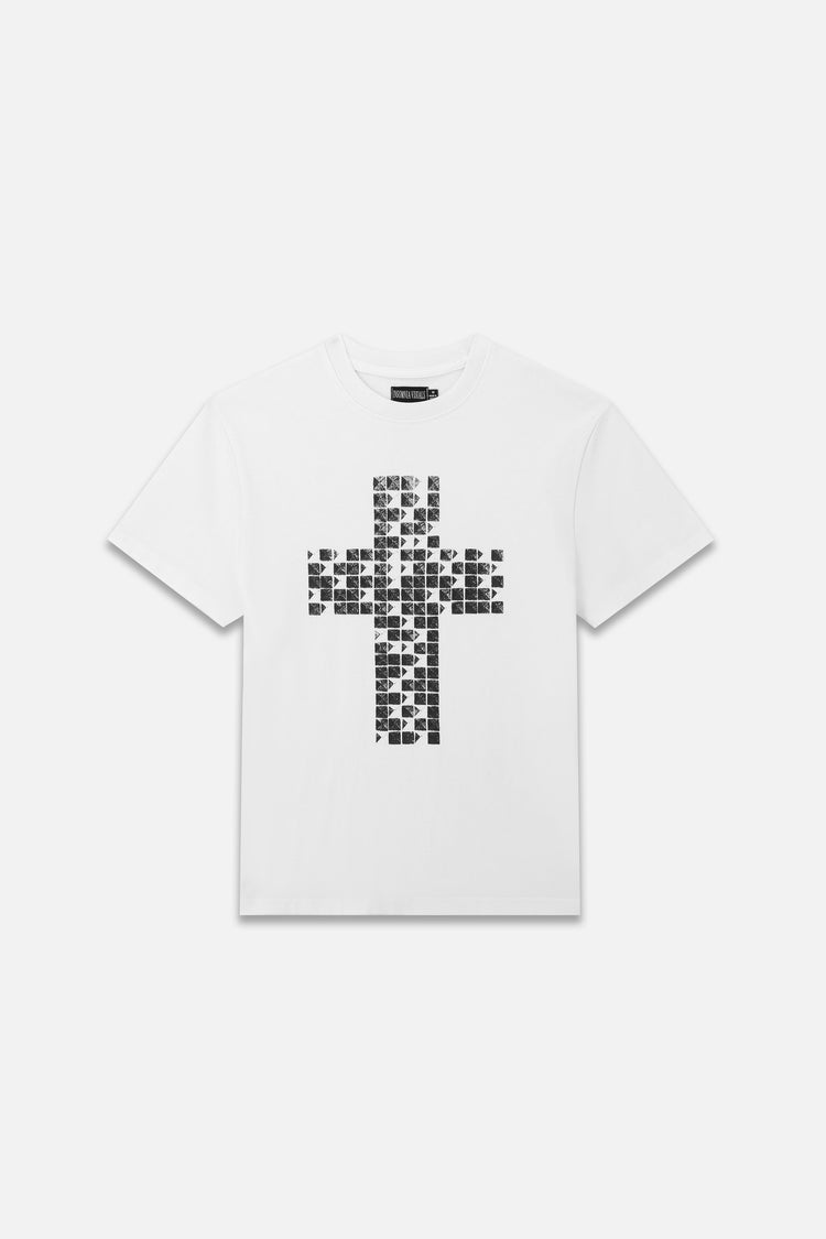 White Pyramid Stud Cropped Tee laid flat, front view, with silver pyramid stud cross