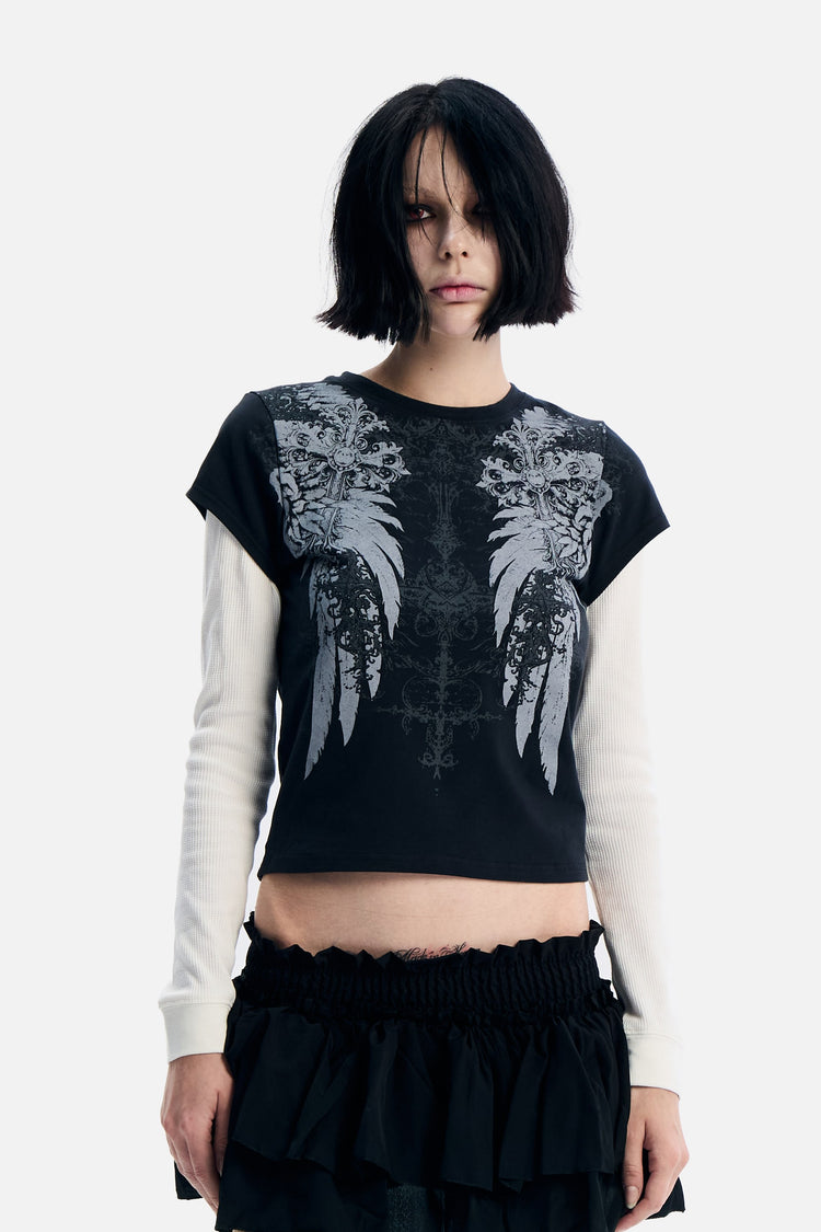 Front view of the Wings 2fer Womens Long Sleeve showing the grey angel wings print