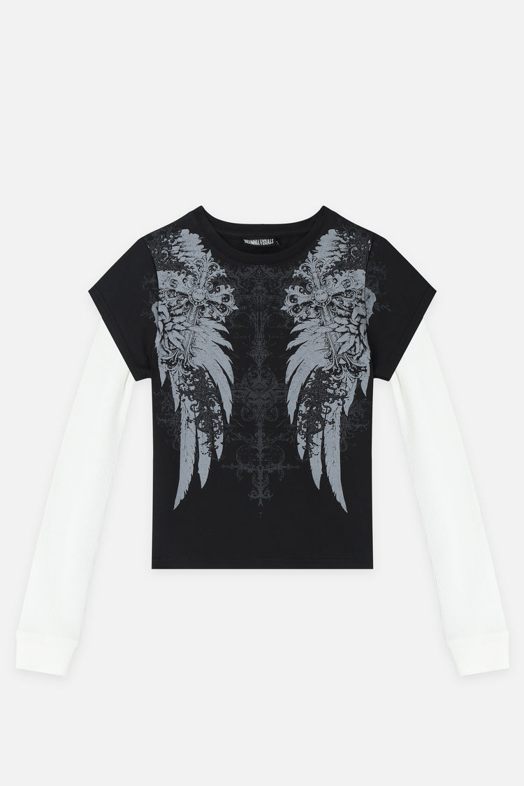 Wings 2fer Womens Long Sleeve laid flat, front view with angel wings print and white sleeves