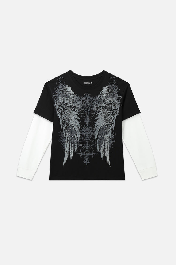 Front of the black Wings 2Fer laid flat, with grey wing print and white layered sleeves