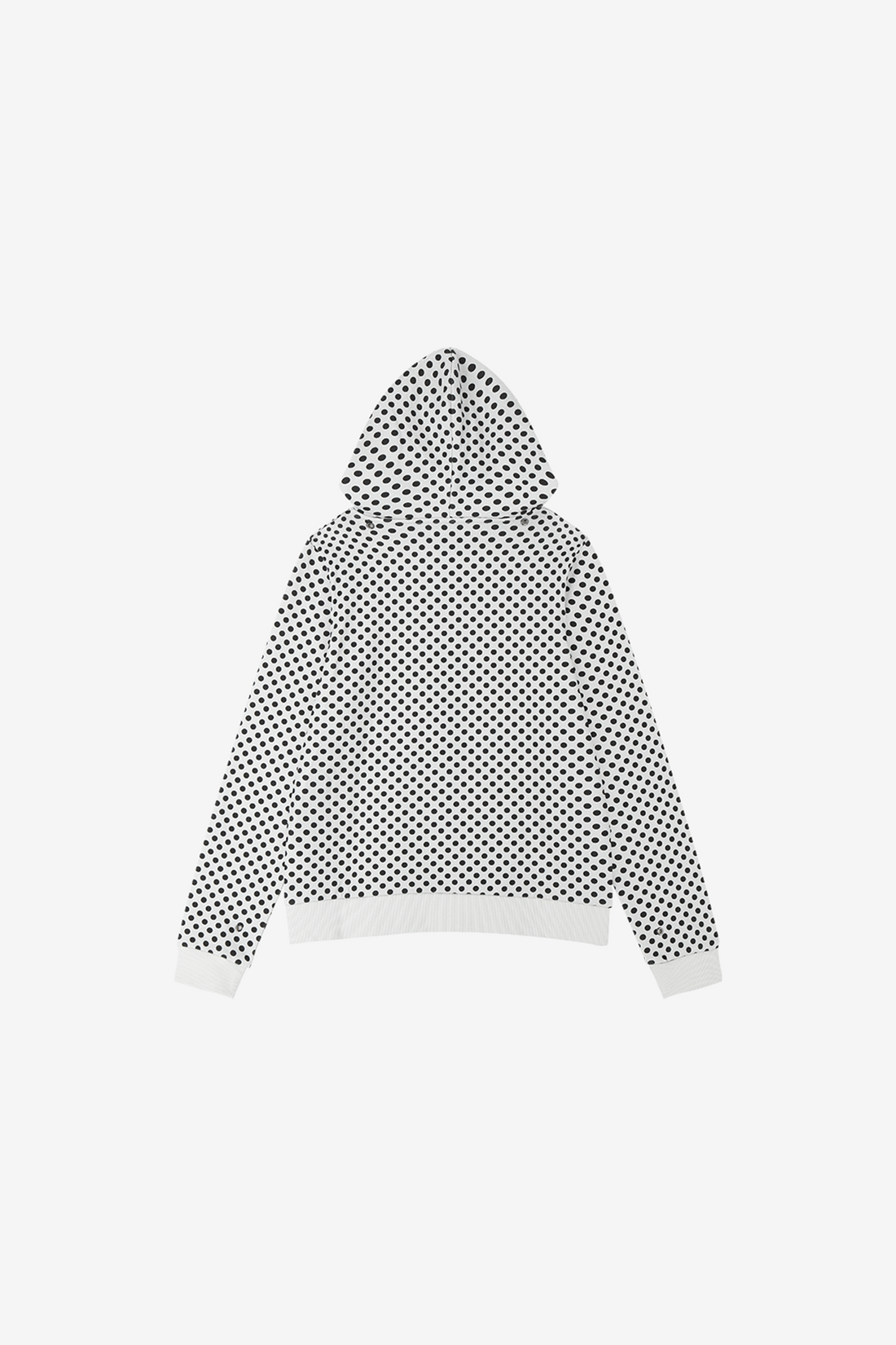 Back of the Polka Dot Slim Zip Hoodie laid flat, black dots on white