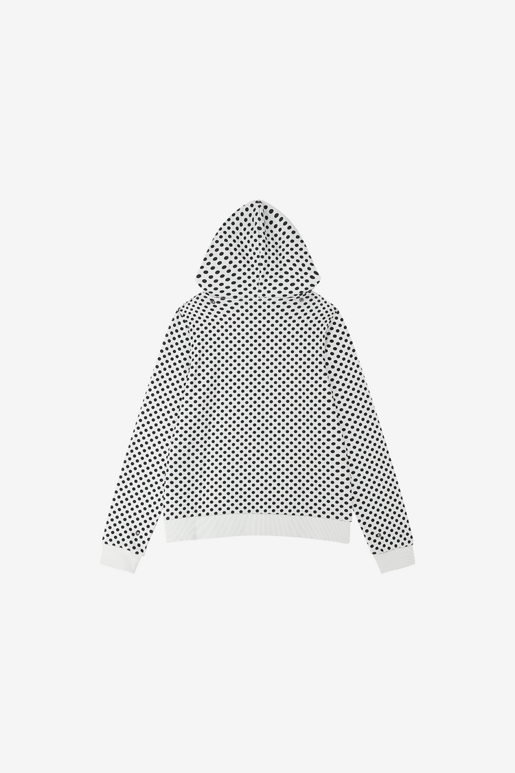 Back of the Polka Dot Slim Zip Hoodie laid flat, black dots on white