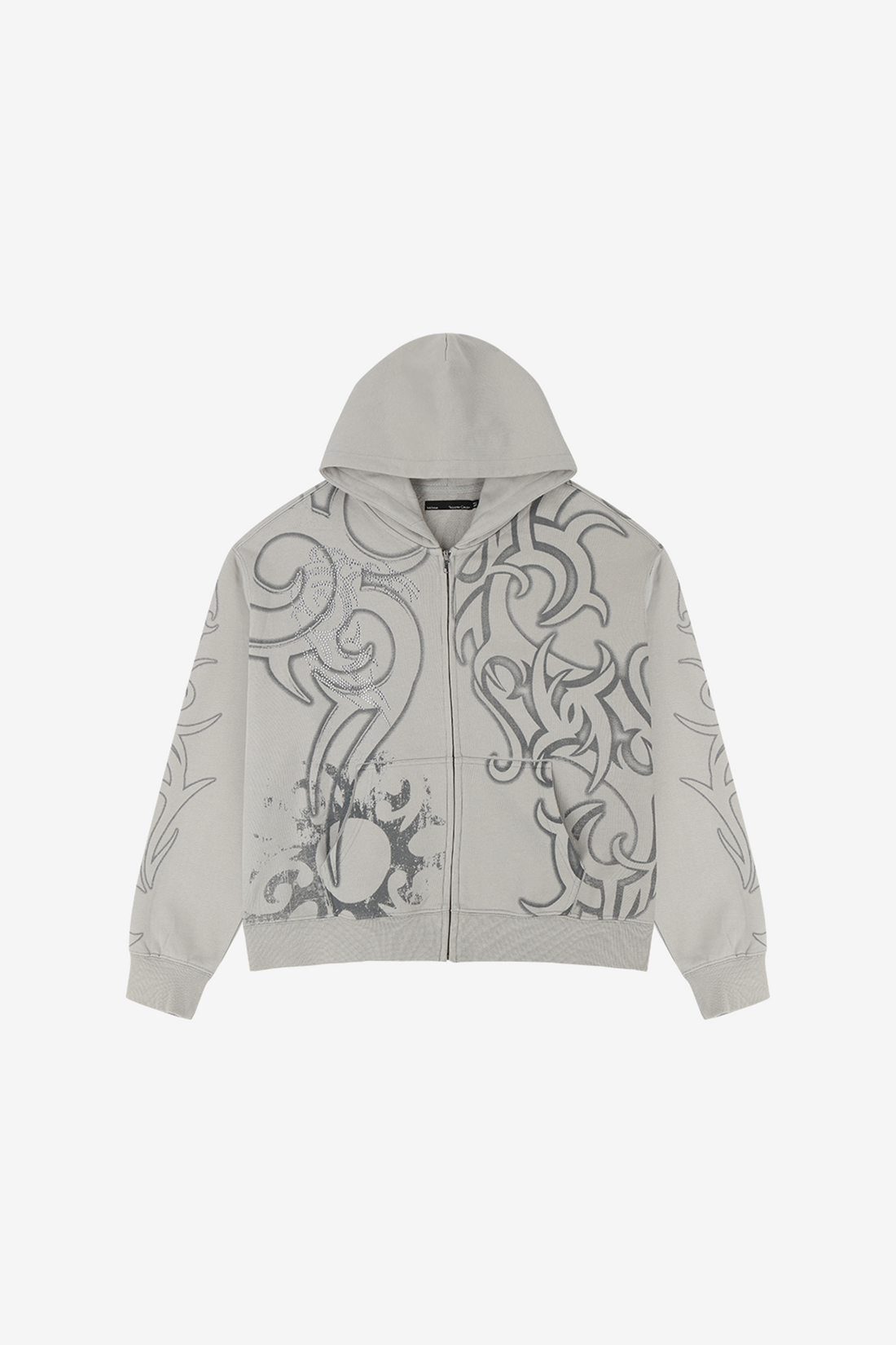 Gray Rhinestone Tribal Zip Hoodie laid flat, front with sparkling tribal flame design