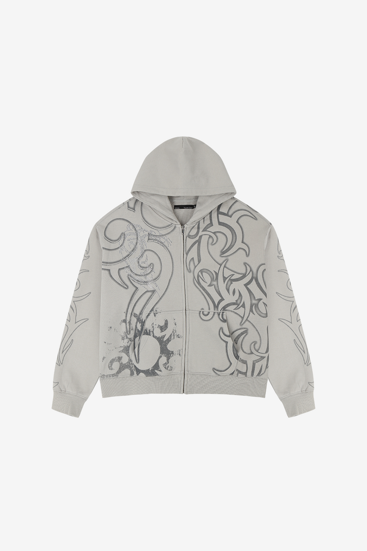 Gray Rhinestone Tribal Zip Hoodie laid flat, front with sparkling tribal flame design