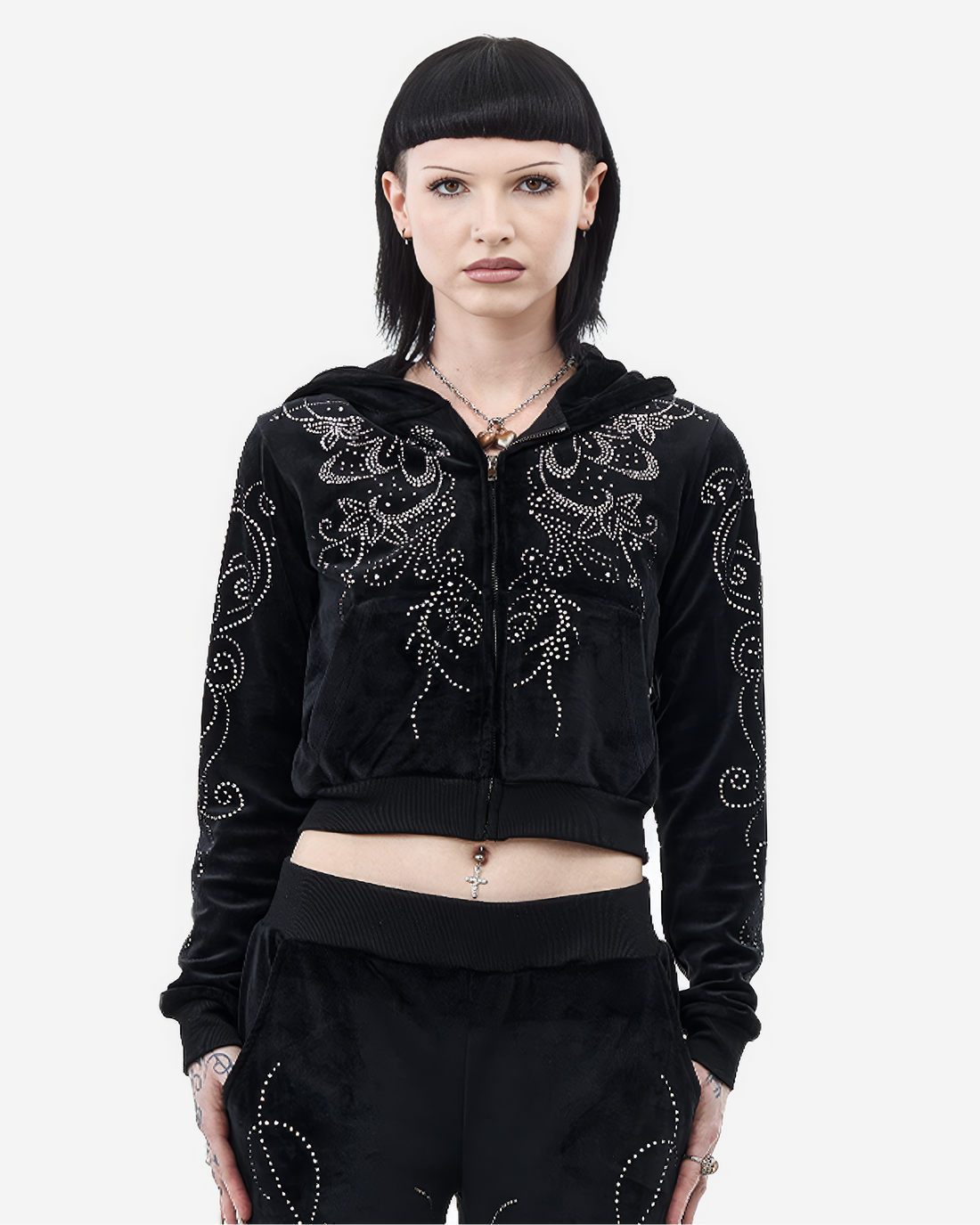 Model wearing the black Velour Flutter Hoodie cropped with rhinestone flourish design, front view