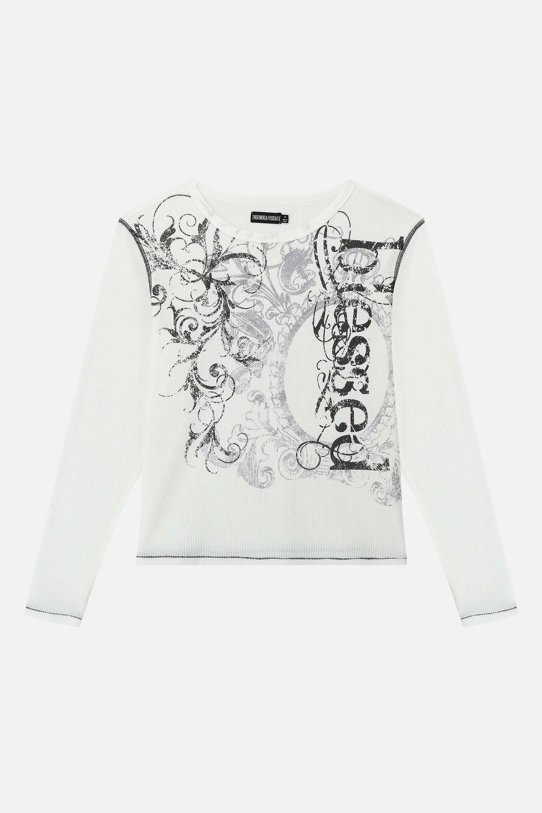 White Blessed Thermal Long Sleeve laid flat with black filigree graphic and contrast stitching