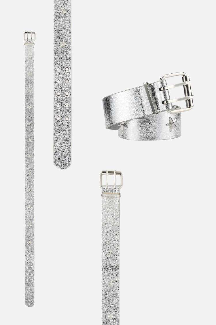 All-Star Belt shown full length and coiled, metallic silver leather with star studs