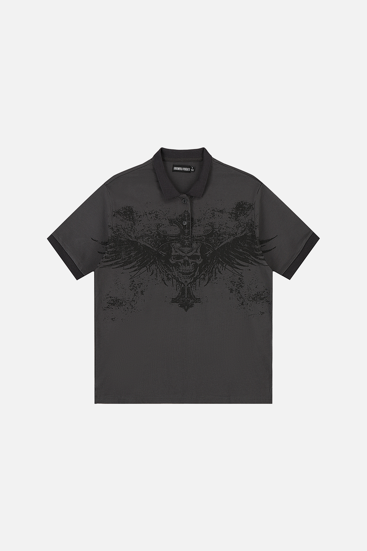 Front of the charcoal Banished Polo laid flat, with tonal winged skull and cross print