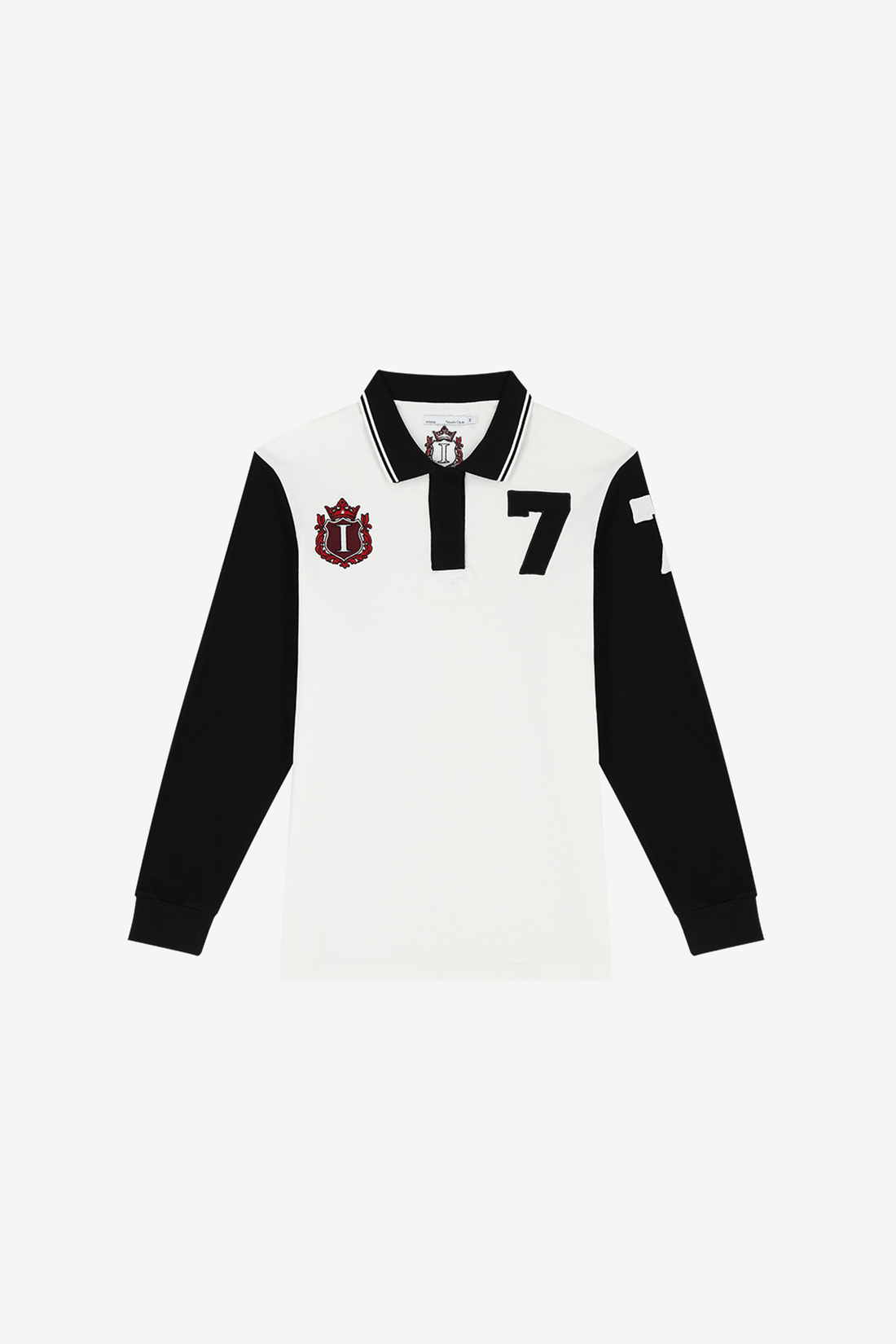 Front of the white Crest Long Sleeve Polo laid flat, with black sleeves, red crest and number 7