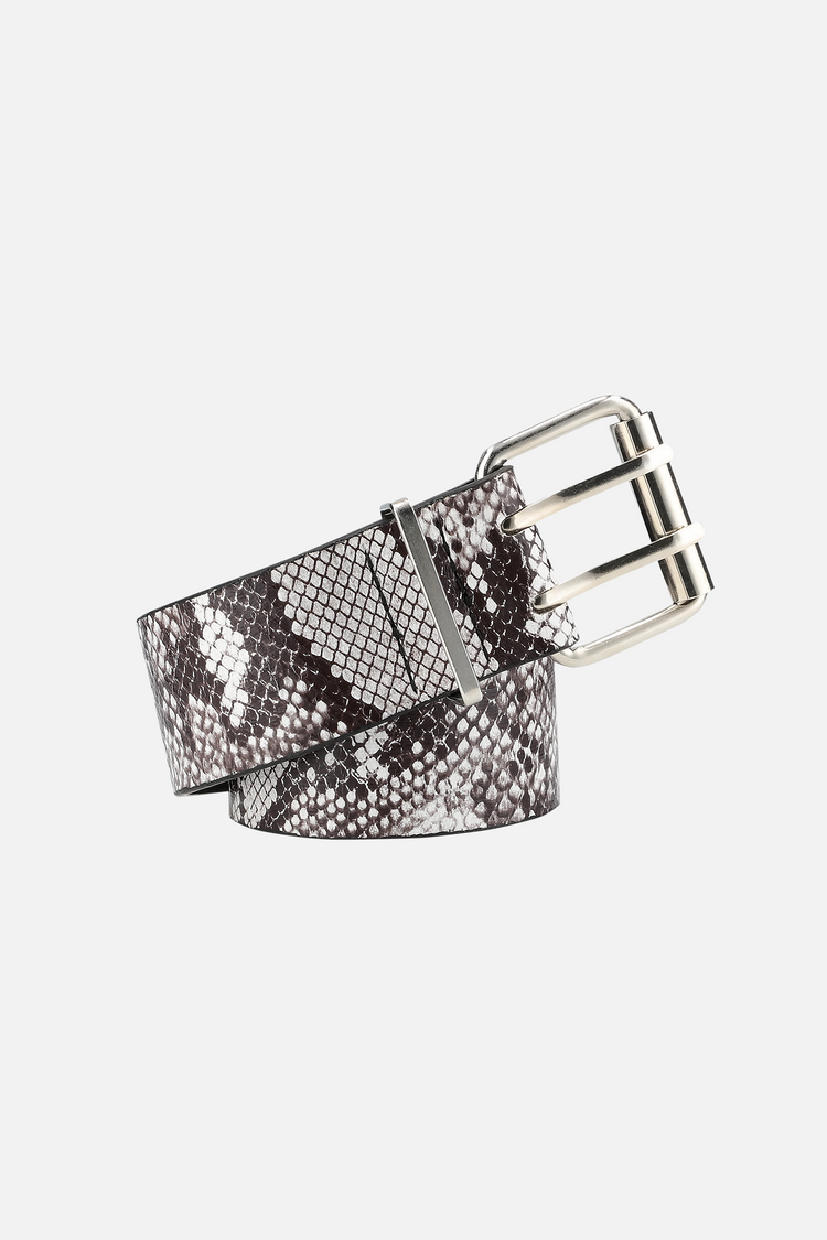 Grey and white Snakeskin Belt coiled, with silver double-prong buckle