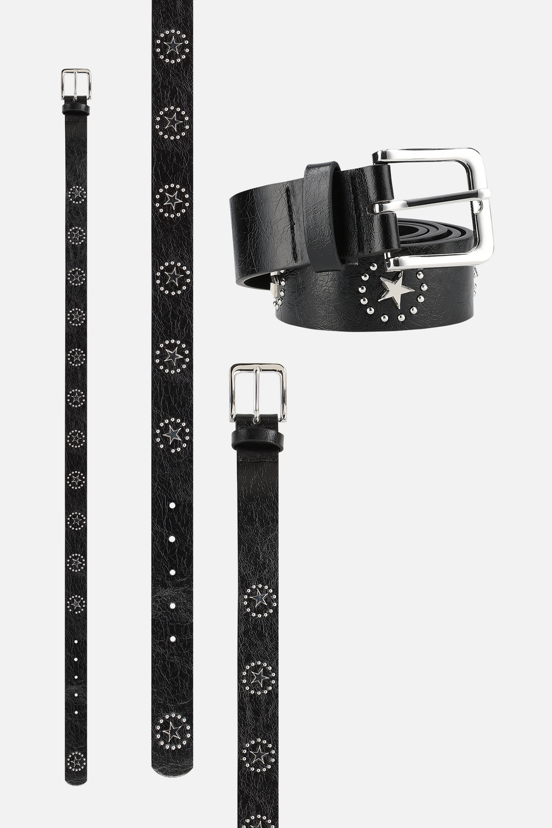Black leather Lone Star Belt shown full length and coiled, with silver studded star circles