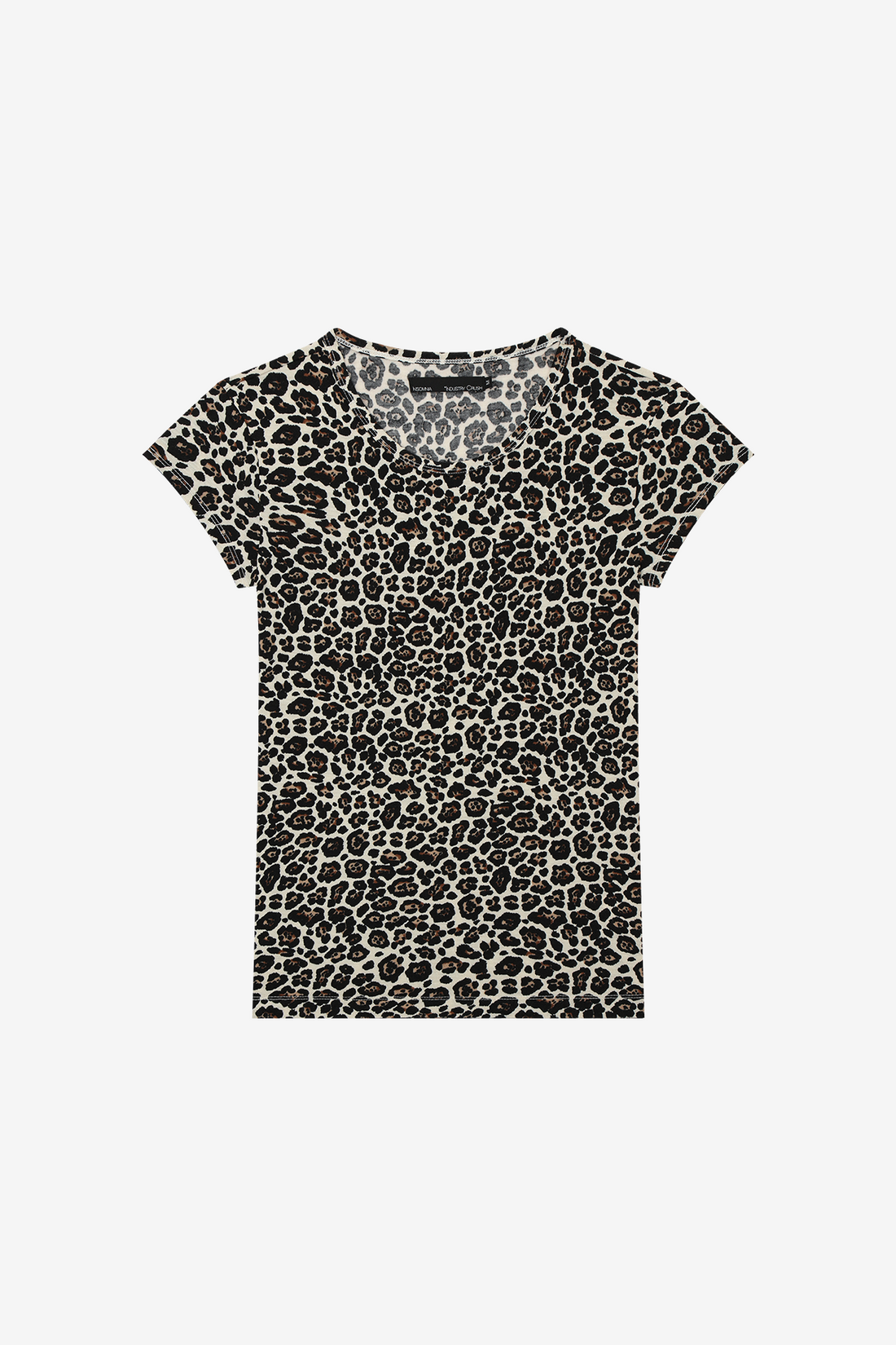 Cheetah Slim Tee laid flat, fitted short sleeve tee in allover leopard print