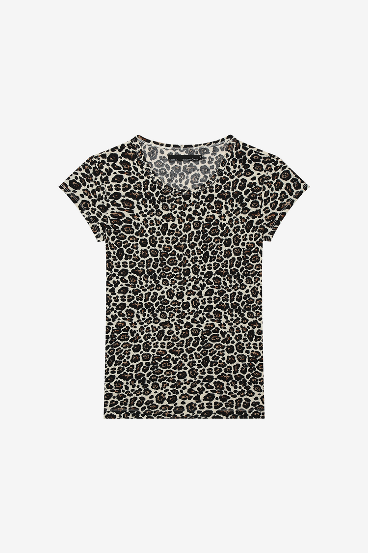 Cheetah Slim Tee laid flat, fitted short sleeve tee in allover leopard print