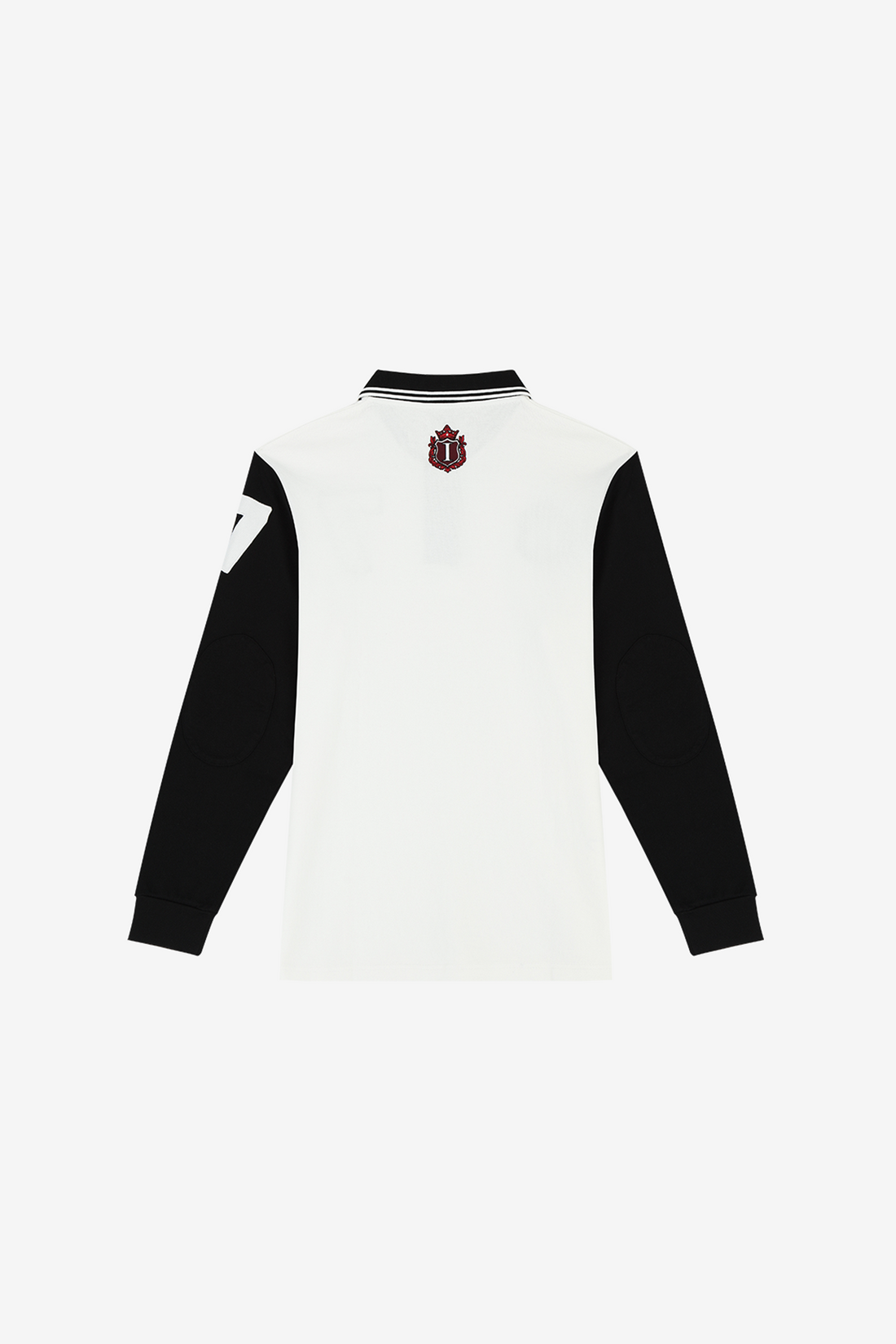 Back of the white Crest Long Sleeve Polo laid flat, with small red crest below the collar