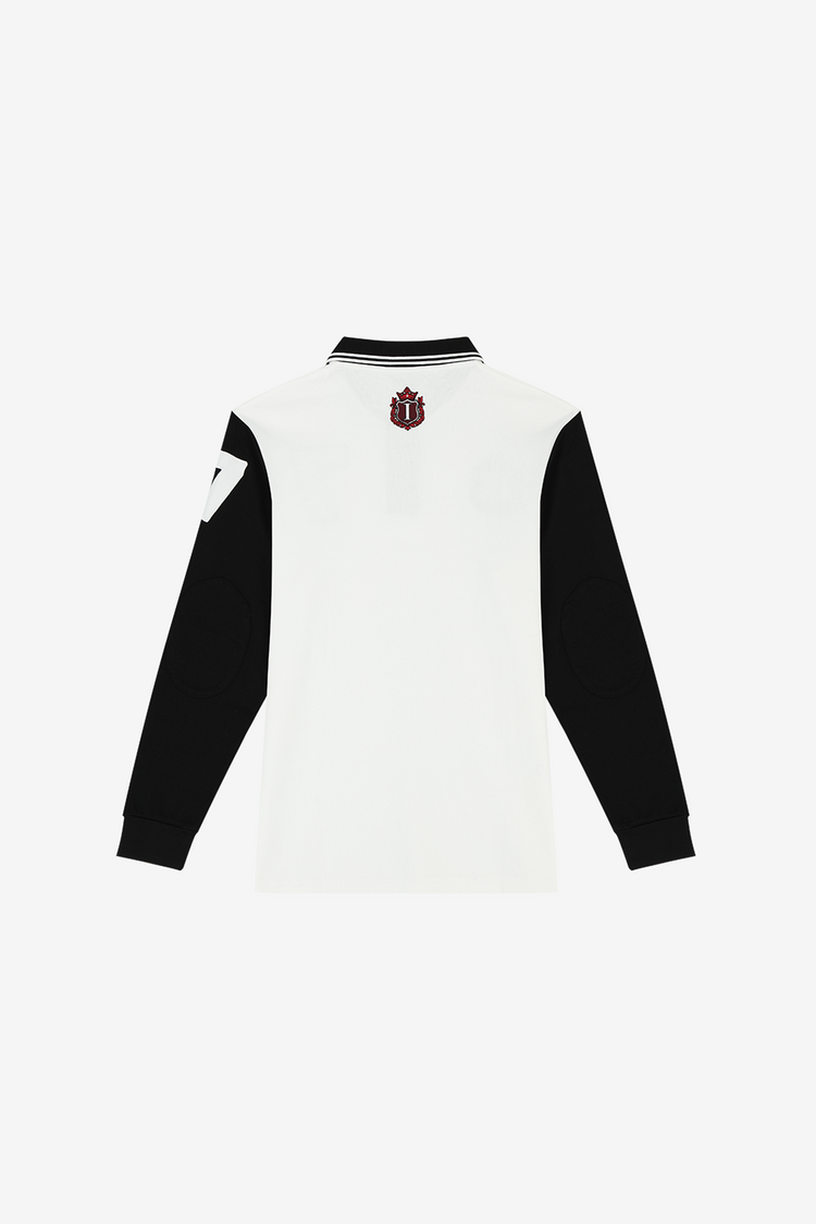 Back of the white Crest Long Sleeve Polo laid flat, with small red crest below the collar