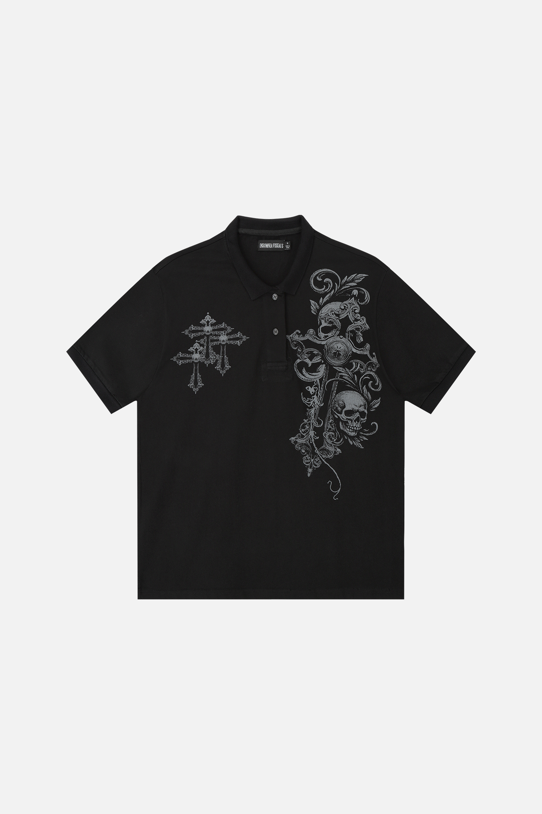 Front of the black Skull Garden Polo laid flat, showing the skull, scroll and cross graphics