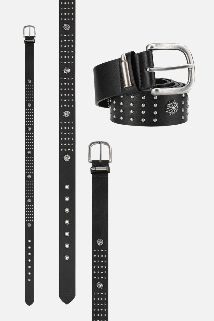 Studded Centerpiece Belt shown full length and coiled, black leather with silver studs