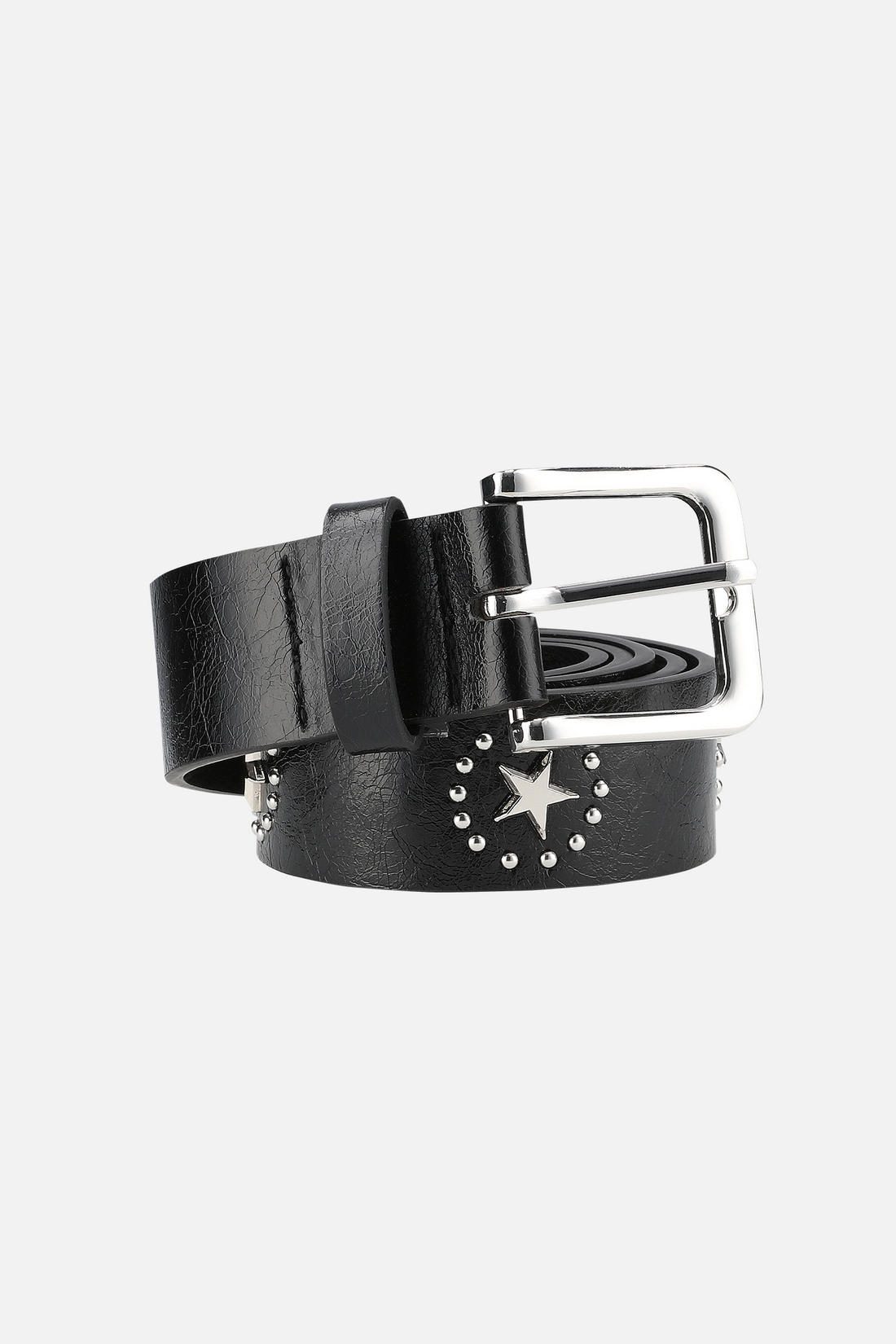 Coiled black Lone Star Belt with square silver buckle and a studded silver star