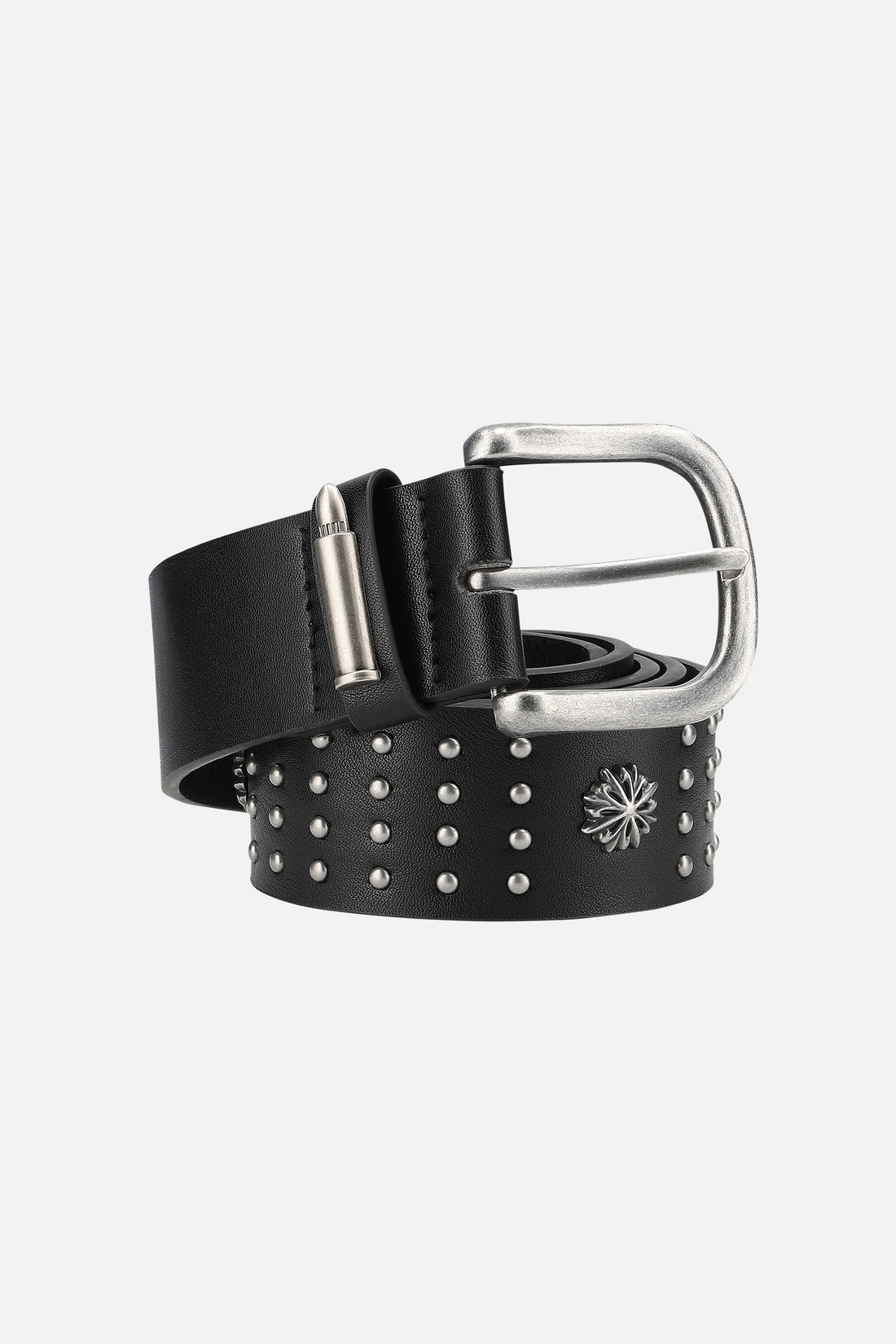 Black leather Studded Centerpiece Belt coiled, with silver studs, bullet tip and buckle
