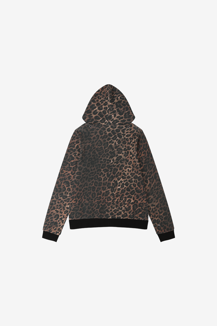 Back view of the FAME Slim Zip Hoodie laid flat in allover leopard print