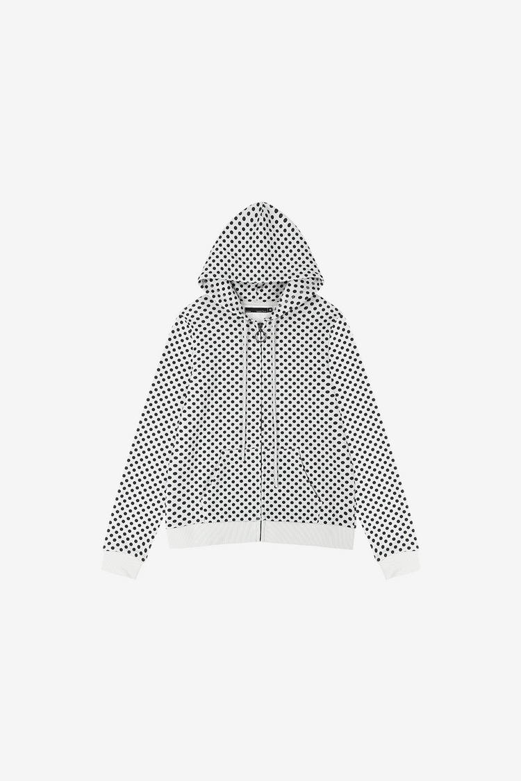 White Polka Dot Slim Zip Hoodie laid flat, front view with black dots and ribbed trims