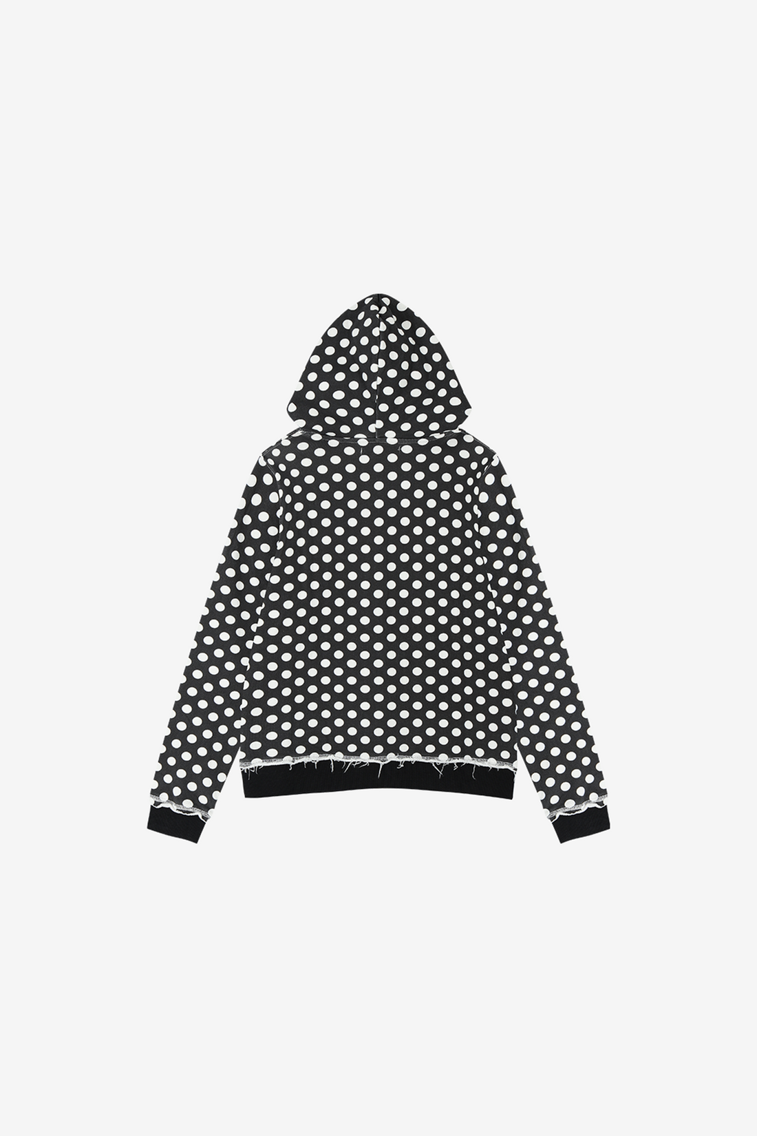 Back view of the Black Polka Dot Slim Zip Hoodie laid flat showing allover white dots