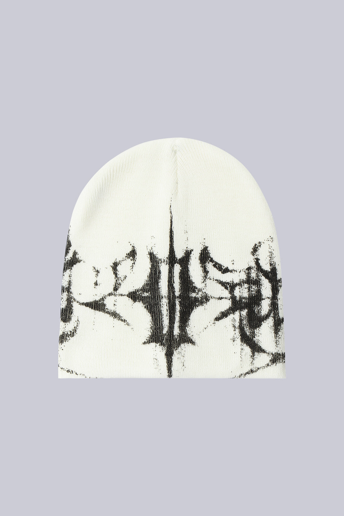 White Glitch Logo Beanie on its own, with black distorted gothic logo knit