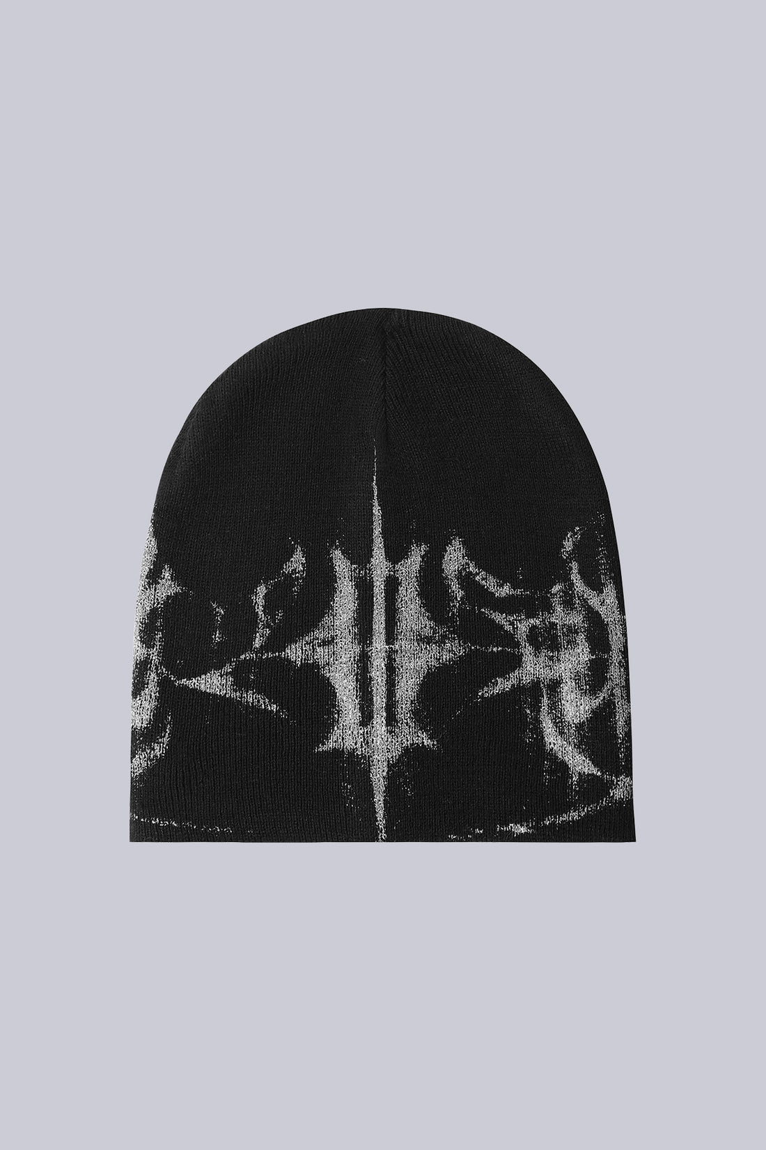 Black Glitch Logo Beanie on its own, showing the grey jacquard glitch logo pattern