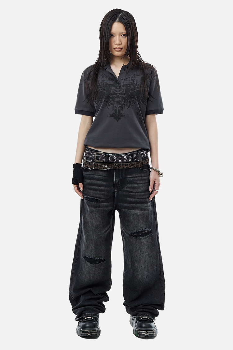 Full-length front view of the Banished Polo with baggy black ripped jeans