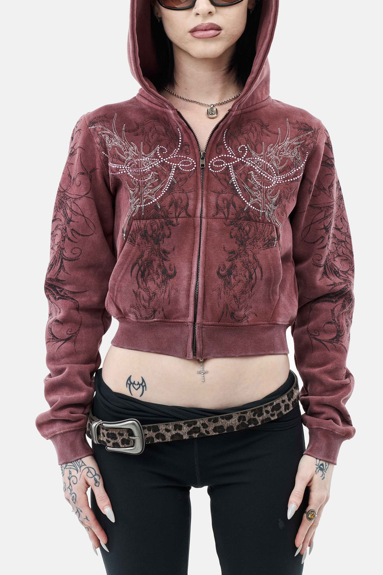 Cropped front view of the burgundy Fever Hoodie with embroidered scroll print and rhinestones