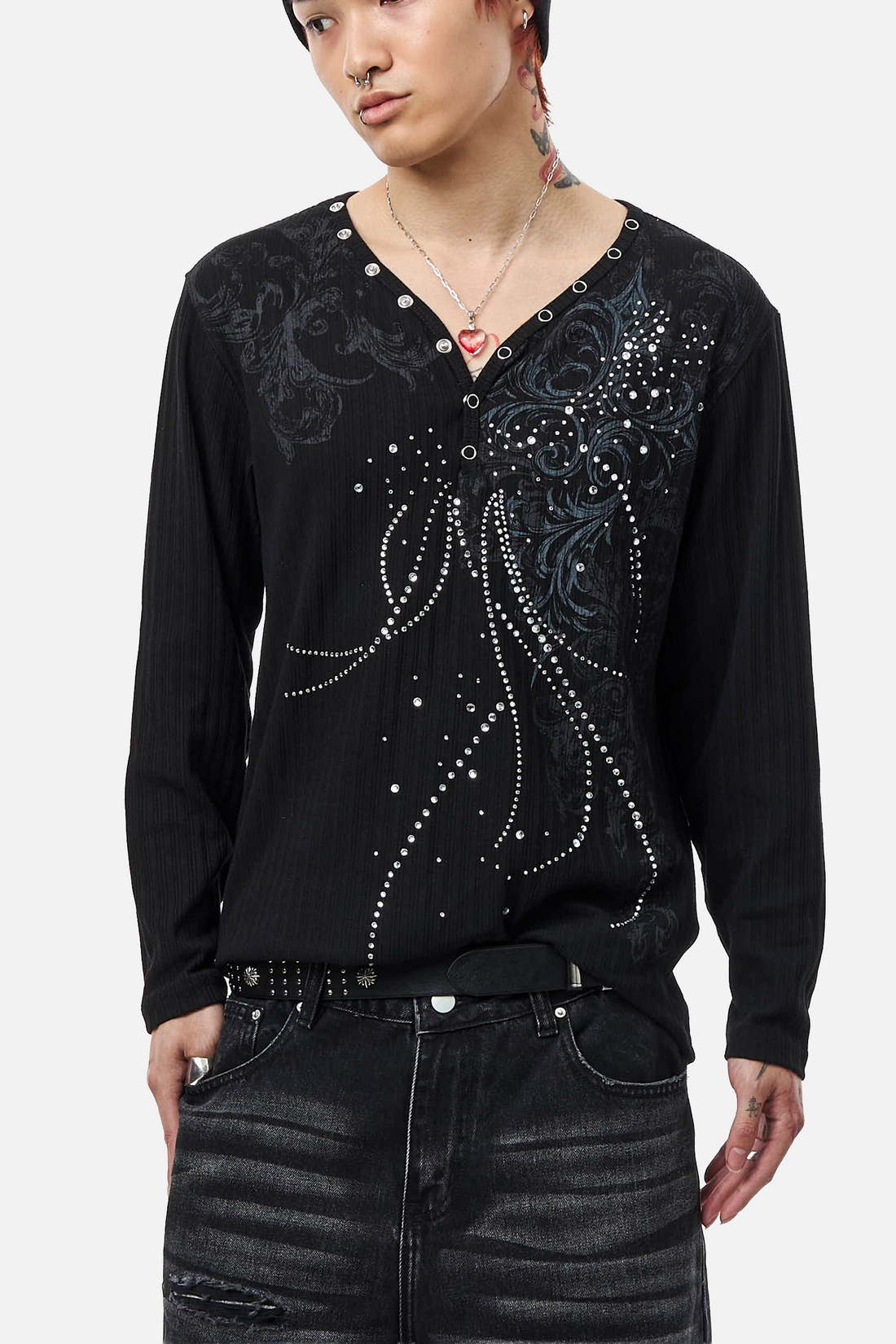 Close-up of the Fate Ribbed Long Sleeve V-neck with snap placket and rhinestones