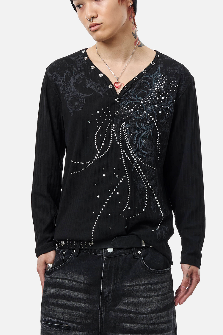 Close-up of the Fate Ribbed Long Sleeve V-neck with snap placket and rhinestones
