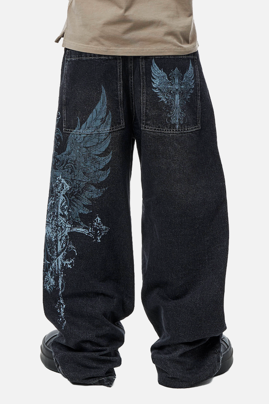 Back view of the Winged Outlaw Denim showing the wing print on the leg and pocket