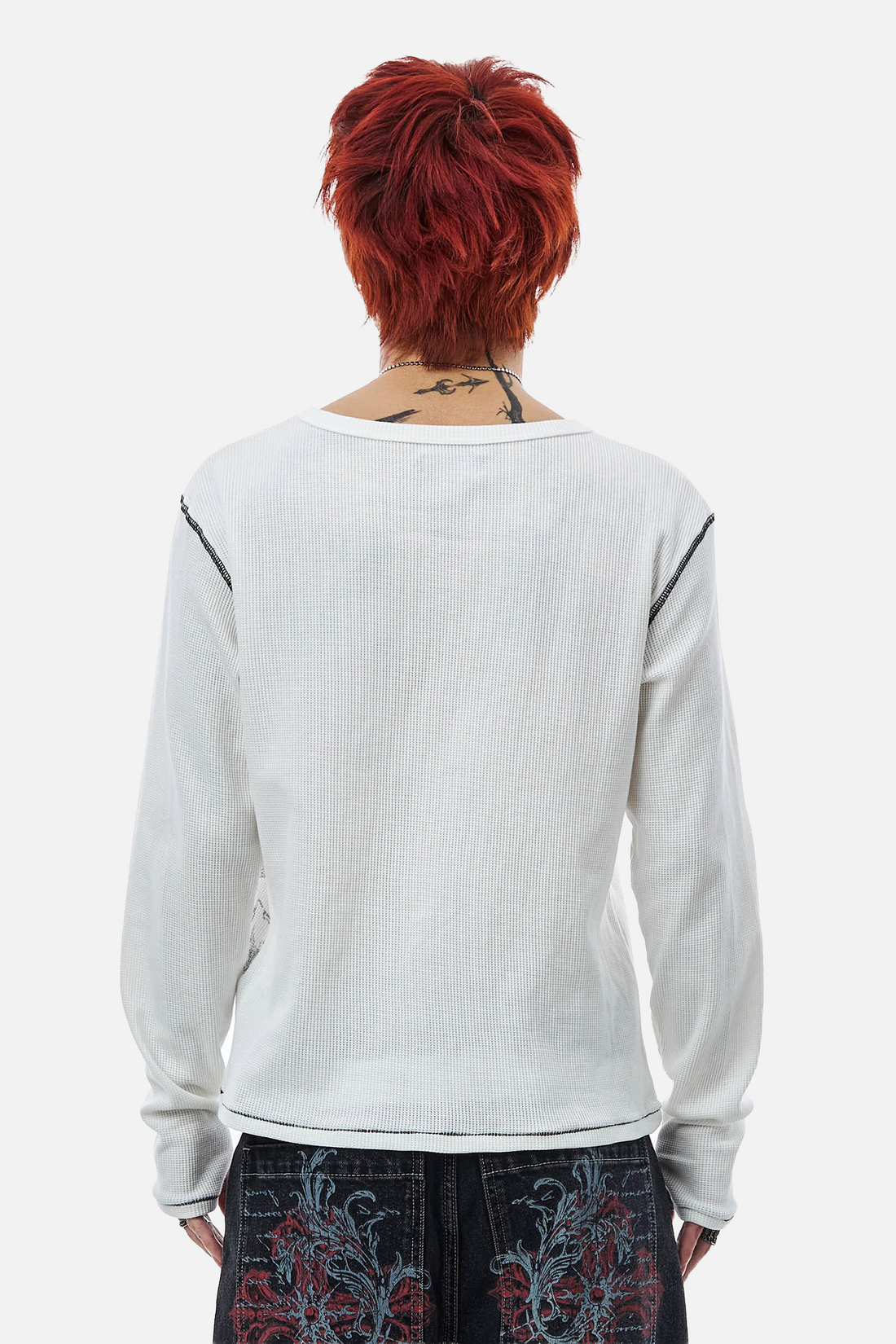 Back view of the white Blessed Thermal Long Sleeve showing plain back and black seam stitching