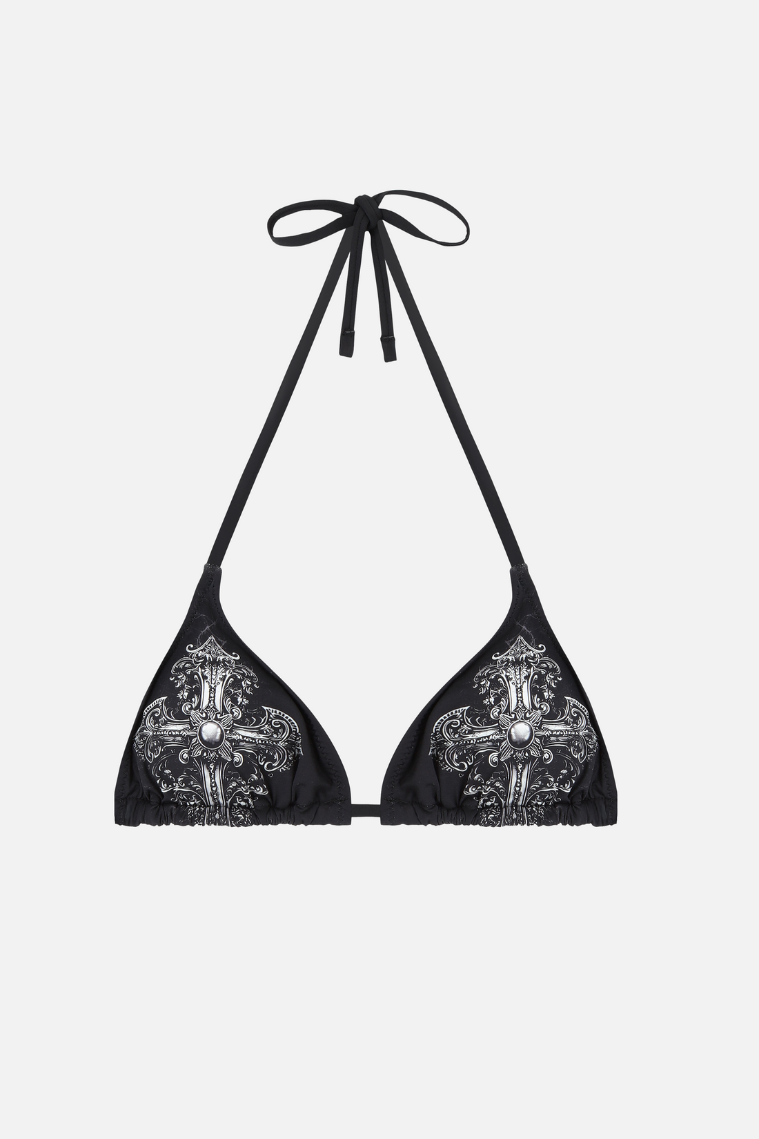 Cross Scripture Bikini Top on its own, black triangle halter with grey cross print