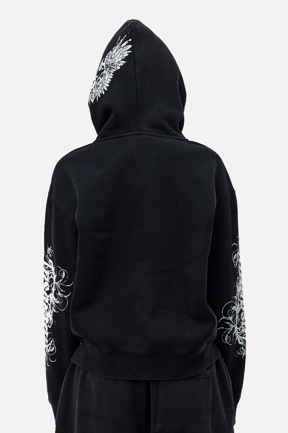 Back view of the Eternal Zip Hoodie with hood up, showing sleeve and hood graphics