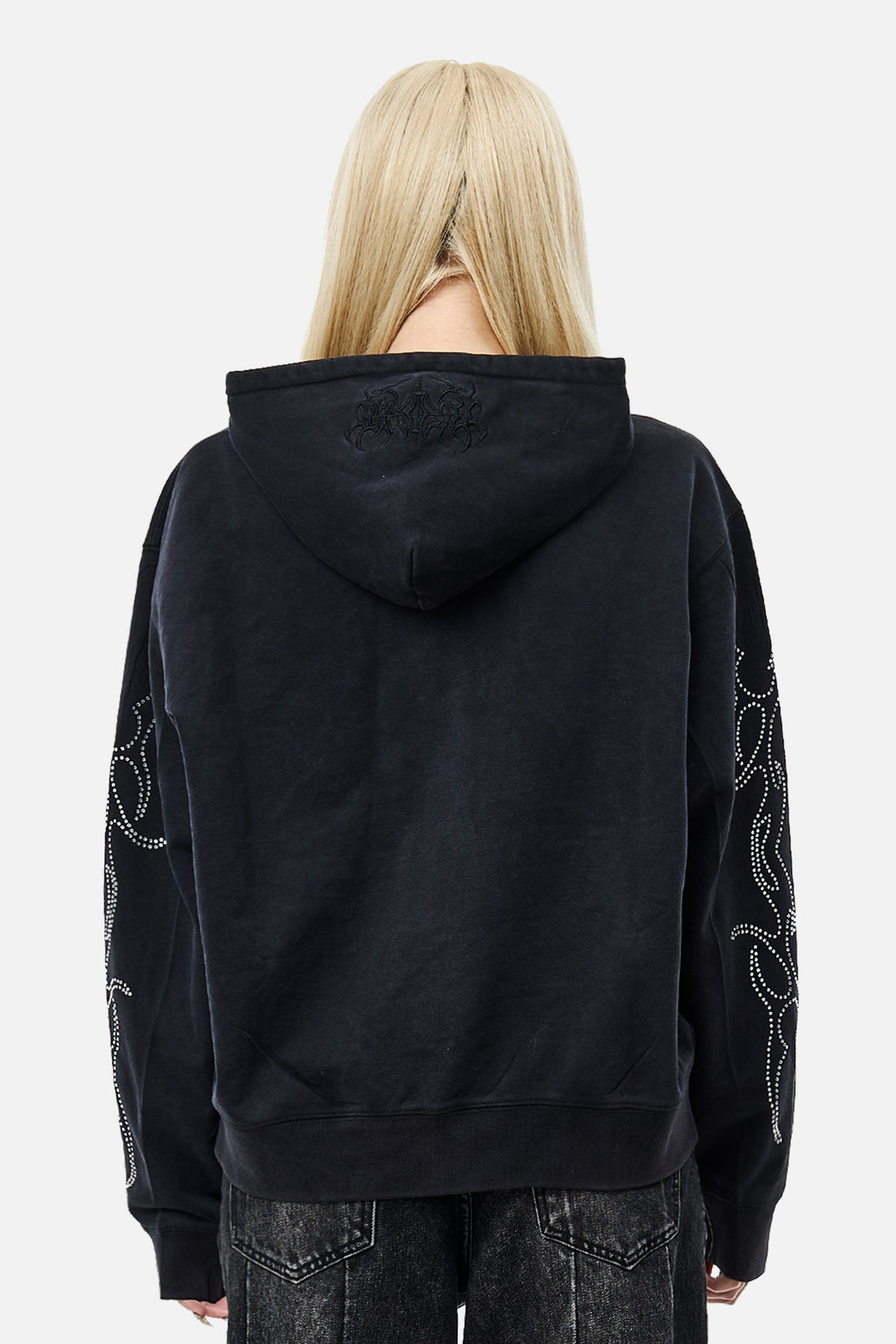 Back view of the black Sigil Rhinestone Zip Hoodie with rhinestone sleeve designs