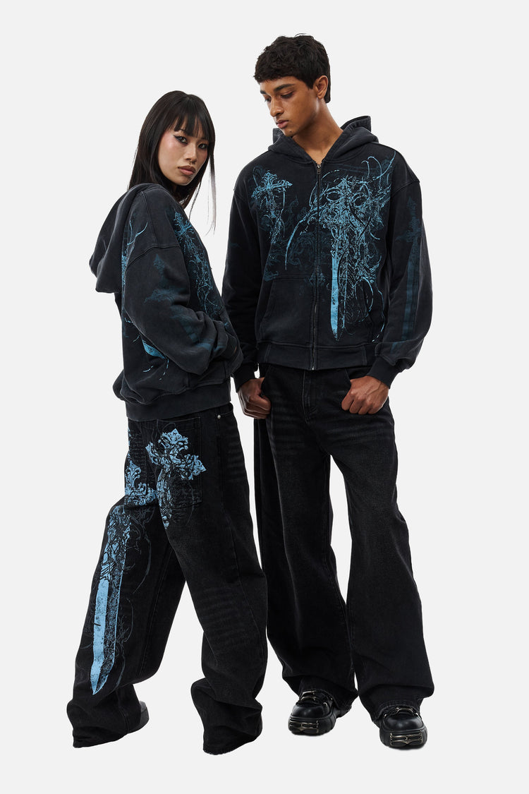 Two models in matching Blade Hoodies, one paired with the blue-print matching pants