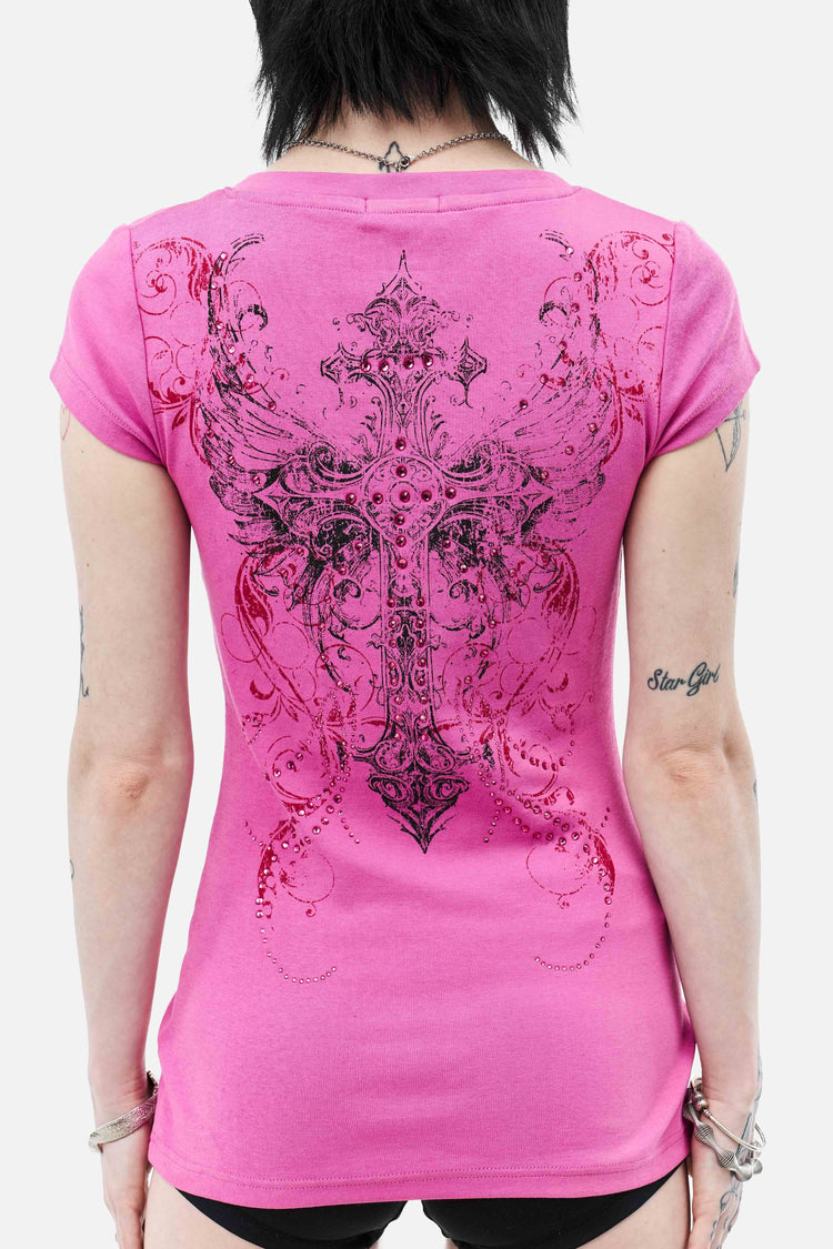 Close-up back view of the Lovers V-Neck T-Shirt with the ornate cross print